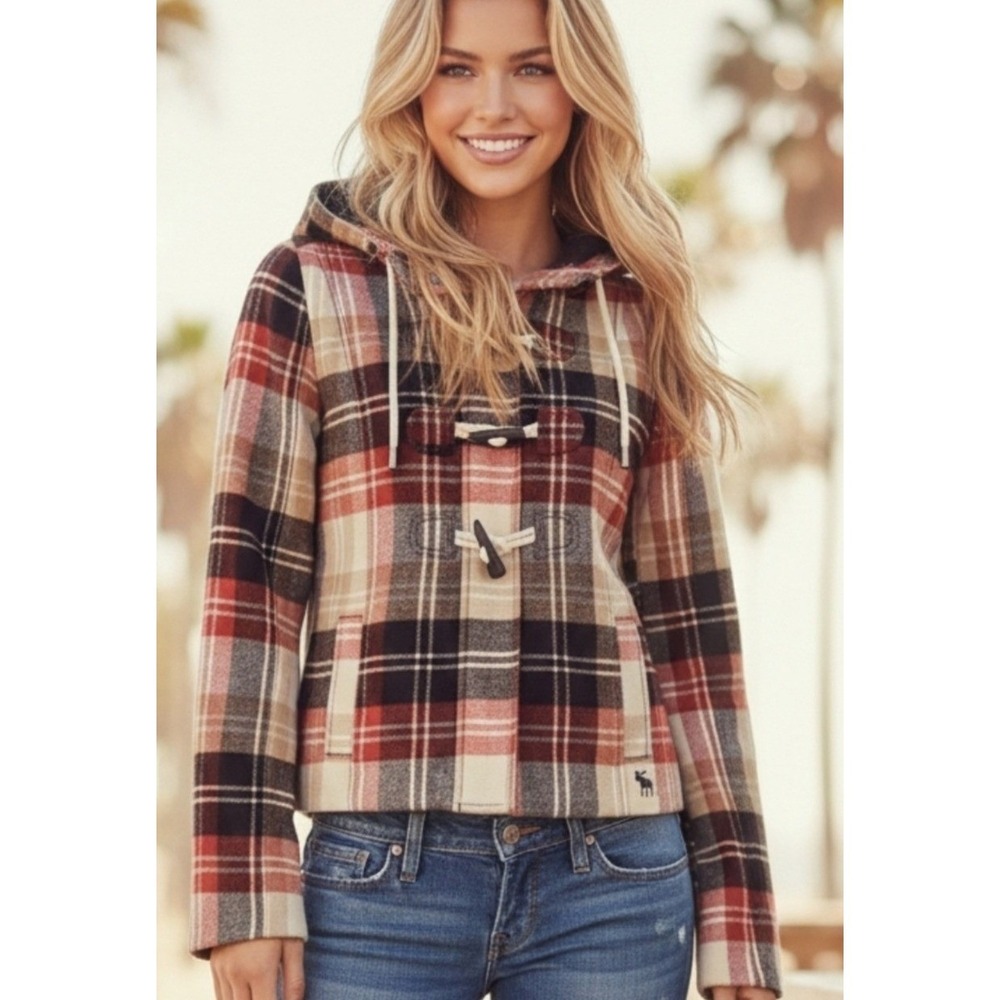 Abercrombie & Fitch Y2K Wool Hooded Toggle Coat Tan‎ Brown Plaid Goblincore XS